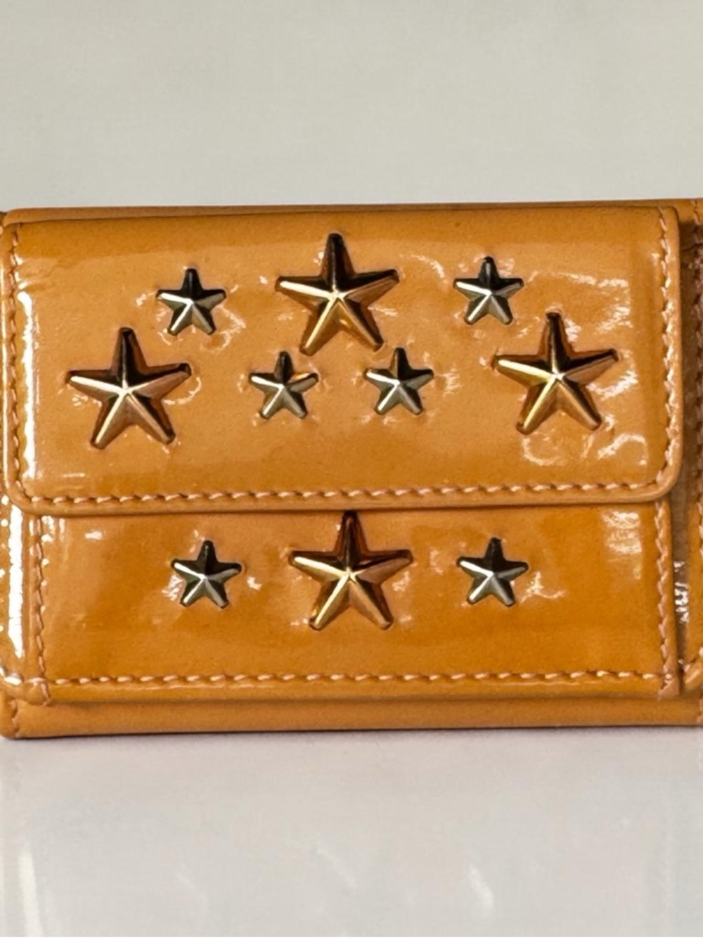 Jimmy Choo Patent Tan Compact Wallet with Star Studs